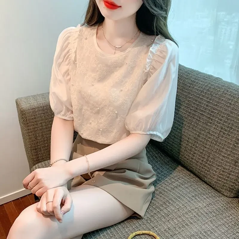 

Summer Puff Sleeve Chiffon Shirt Women Summer Clothing 2025 New Temperament Fashionable Fashionable Short-sleeved Pullover