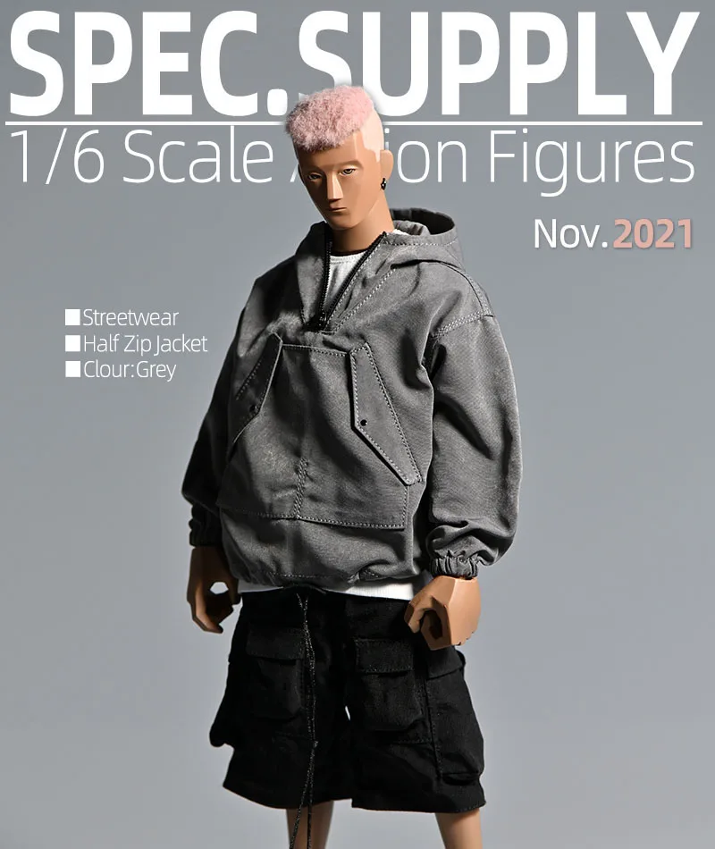 1/6 Scale Trendy Male Figure Street Style Jacket Hooded Half-zip Coat Clothes Big Pocket Shorts Pants for 12'' Man Body