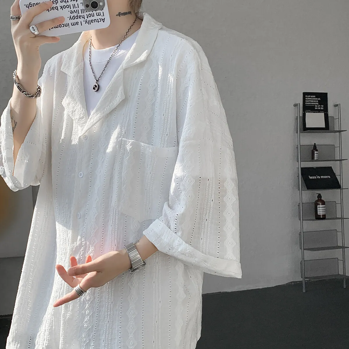 loose shirt Men's See-through Shirt with Small Suit Collar half Sleeve Fashionable Transparent Design Casual Button-Up Top