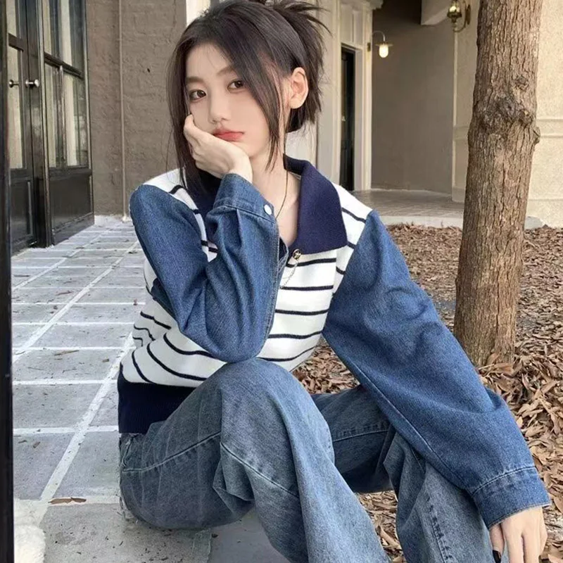 Korean Striped Knitted Sweater Denim Patchwork Women's Top Autumn New Fashion Casual Temperament High Quality Women's Clothing