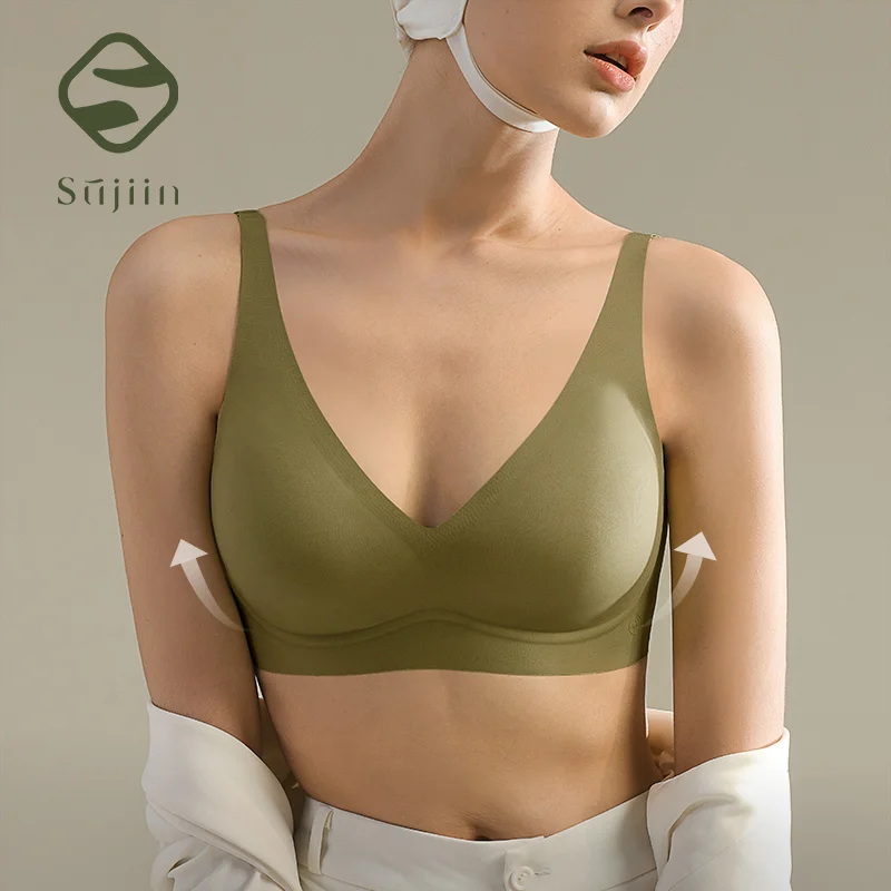 Sujiin sexy push up sutiãs sem fio para mulheres bralette suporte macio invisível elevador v pescoço acolchoado suave sutiã sem costura mx208