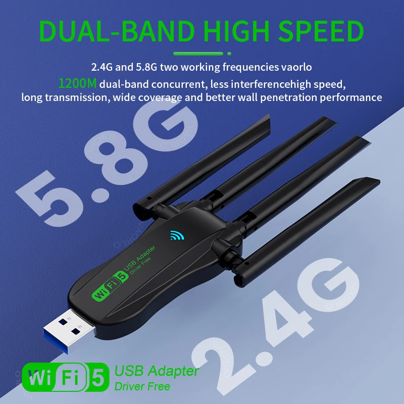 Dual Band 1200Mbps WiFi USB Adapter 2.4G/5.8Ghz Wi-Fi5 Dongle 4 Antenna USB3.0 Wireless Receiver For PC/Laptop No CD Driver Free