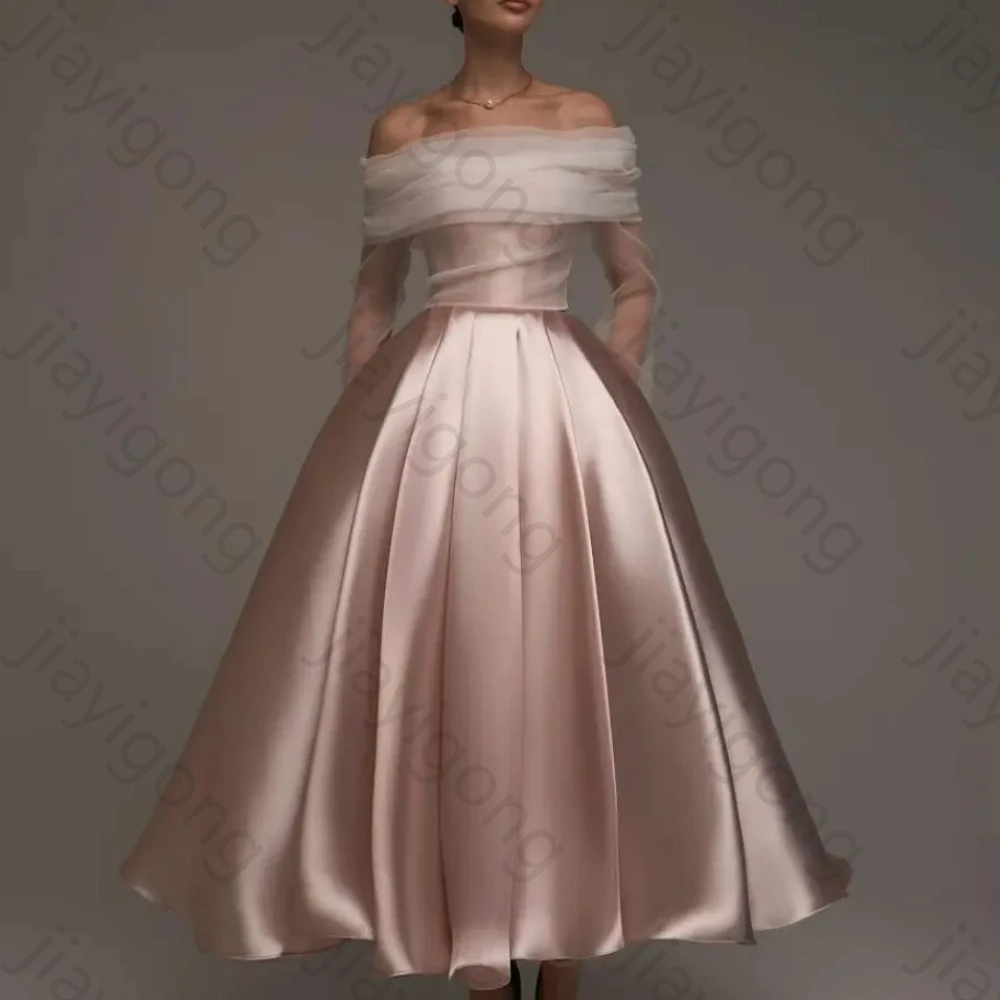 

Customized A Line Off Shoulder Pleat Evening Dresses Elegant Long Sleeves Celebrity Dress Exquisite High Quality Prom Party Gown