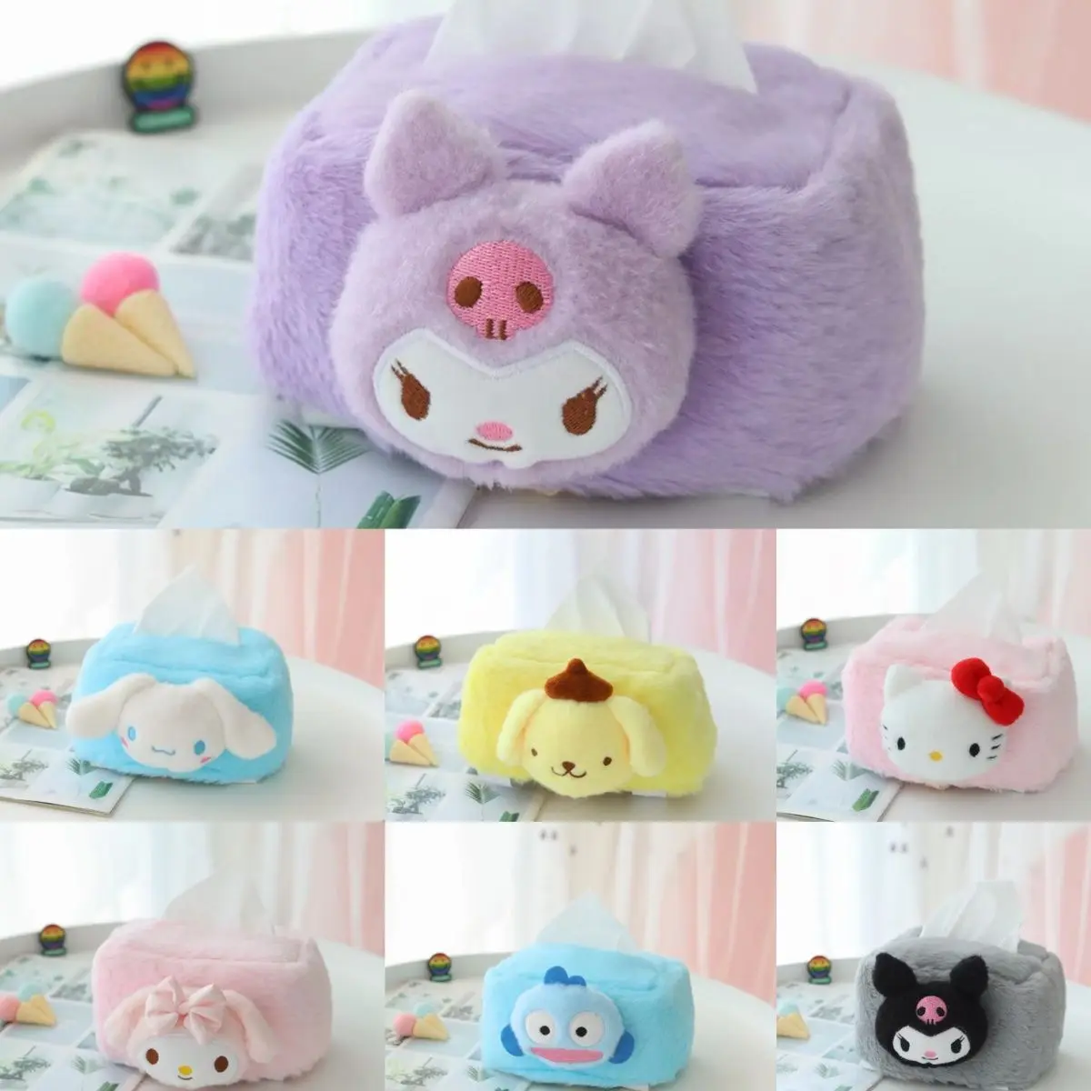 

Sanrio Kuromi милая коробка для салфеток для ванной комнаты, бытовая новая креативная мультяшная коробка для гостиной, рабочего стола, спальни, плюшевая коробка для хранения с сердечками для девочек