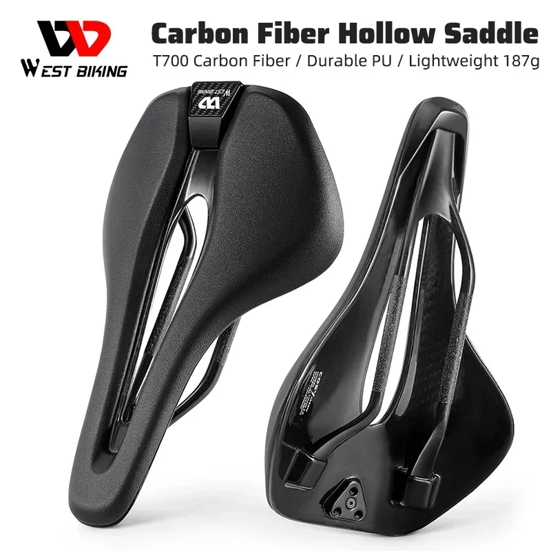 WEST BIKING Ultralight T700 Carbon Fiber Saddle Road Bike Comfortable PU Seat Cushion Bicycle Short Nose Hollow Cycling Saddle