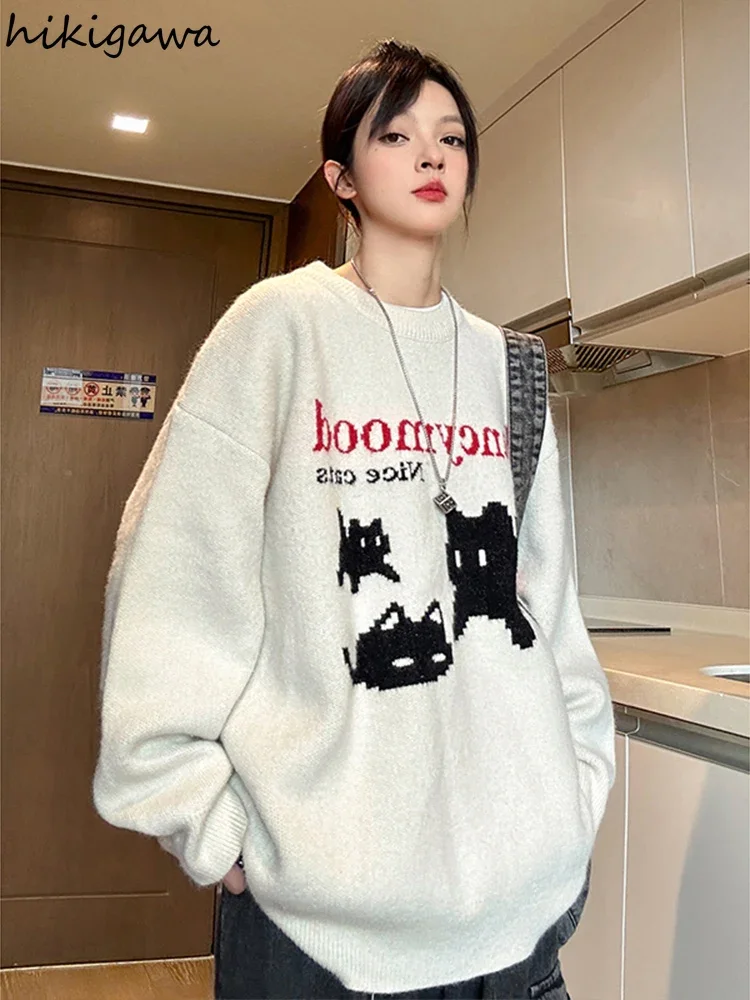 

Fashion Knitting Pullovers Women Winter Clothes Streetwear BF Jumper Vintage Casual Pull Femme Cat Print Oversized Sweater Tops