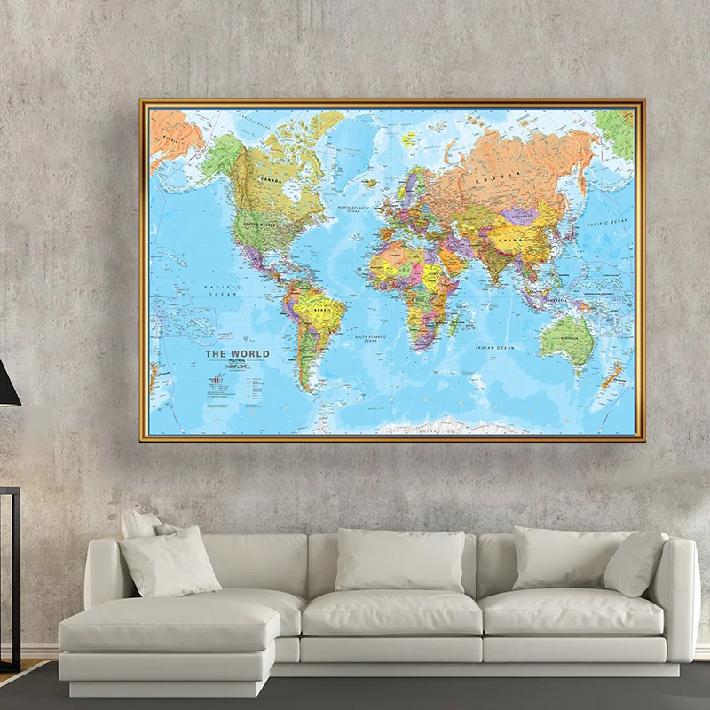 Póster Artístico de pared en inglés con mapa del mundo, pintura en lienzo no tejido, cuadro decorativo para sala de estar, suministros escolares, 225x150cm