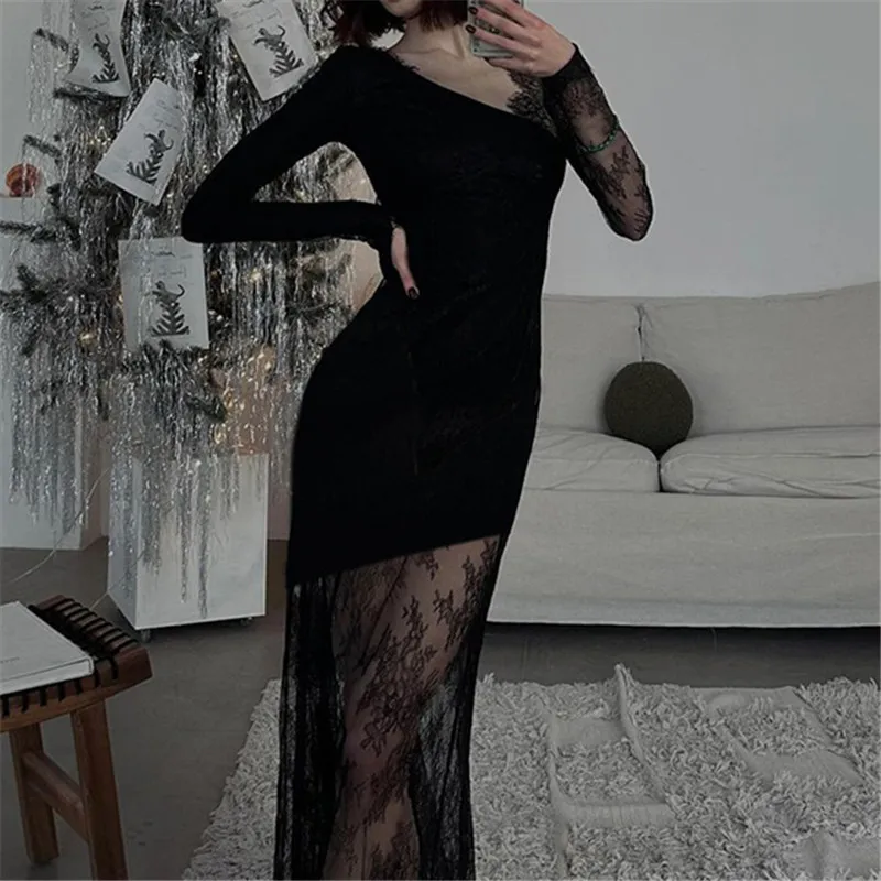 Vestido gótico oscuro elegante para mujer, vestido de fiesta a la moda, Sexy, de encaje de hadas, con dobladillo transparente, vestidos ceñidos con cuello oblicuo, trajes Y2K