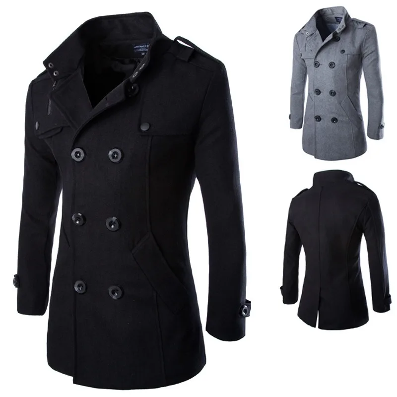 Men's Mid Long Coat Double Breasted Stand Collar Overcoat Winter Trench Coat