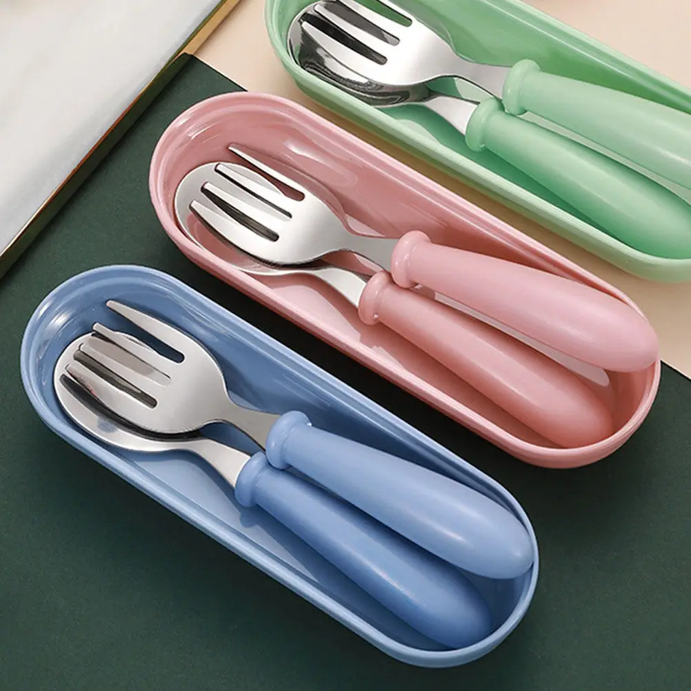 

2Sets Spoon Fork Set for Kids Stainless Steel Toddler Utensils Plastic Handle Lightweight Portable Children Tableware Storage