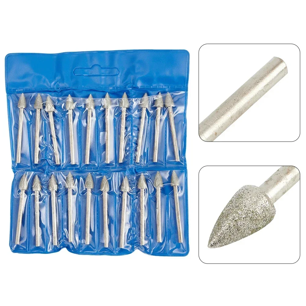 20pcs หัวเพชร 3.0mm Shank ทรงกระบอกจุดเคลือบแกะสลัก Burrs Lapidary เครื่องมือสําหรับหยกหินหินอ่อนโรตารี่เครื่องมือ