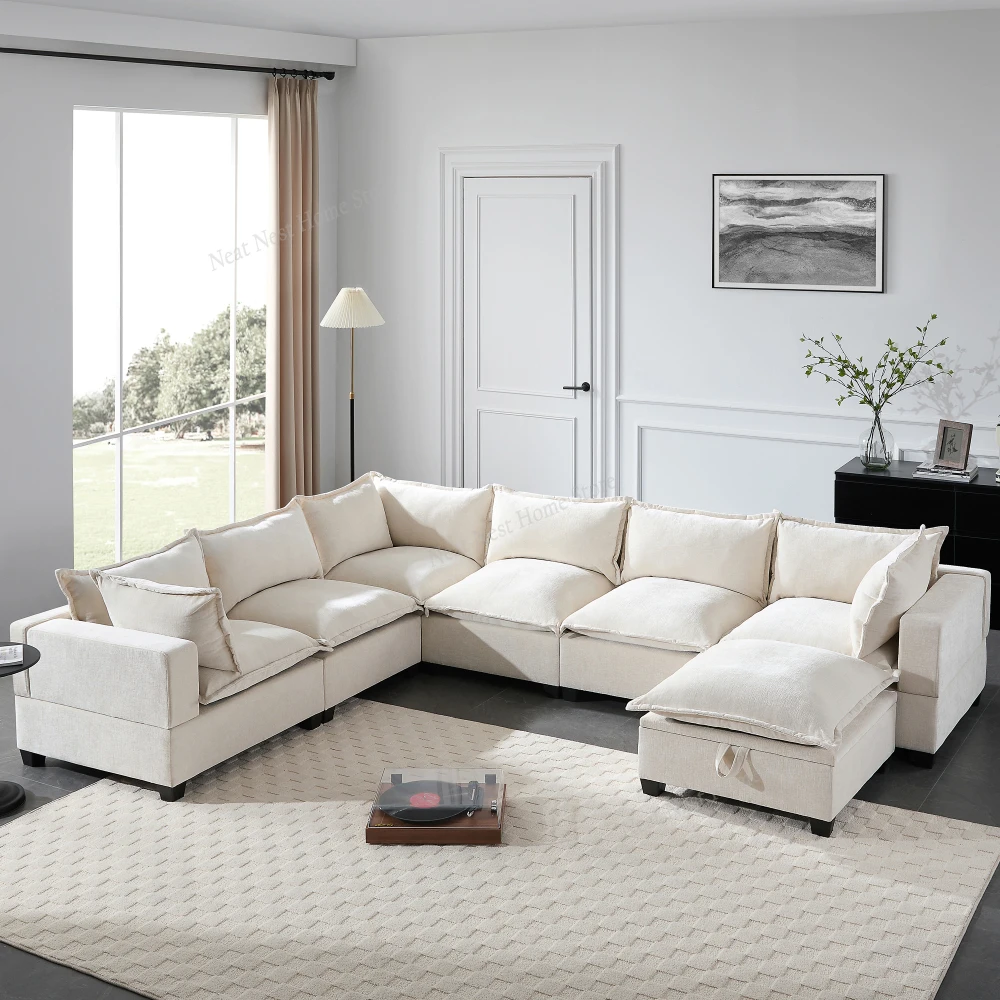 

Modular Sectional Sofa with Movable Storage Ottoman,7 Seat U Shaped Couch,Oversized Chenille Sofa for Living Room & Apartment