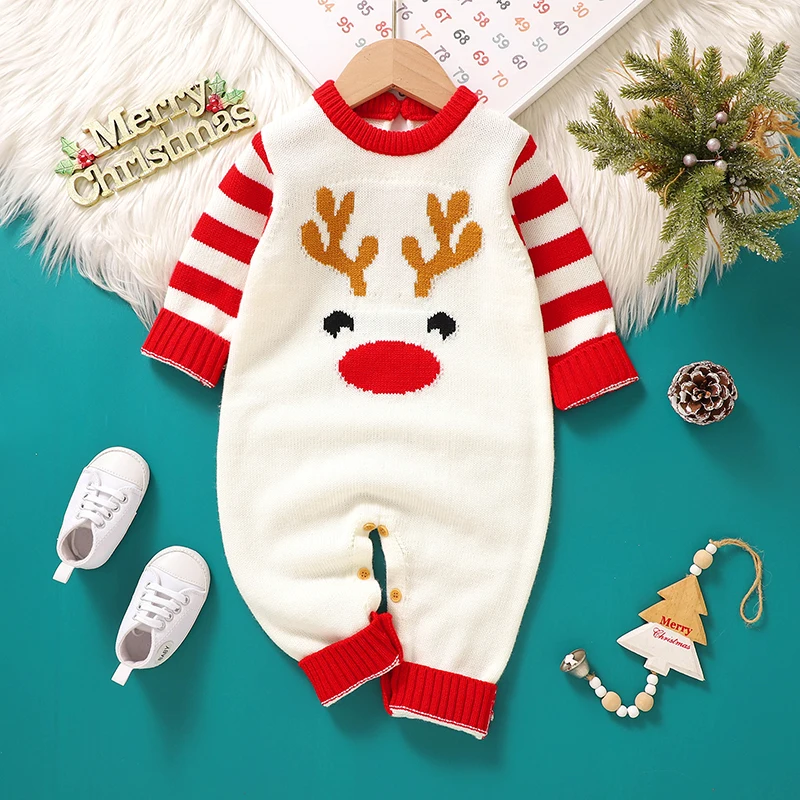 

Christmas Baby Romper Knit Newborn Boy Girl Jumpsuit Fashion Cute Elk Infant Kid Xmas Clothing 0-18M Overalls Long Sleeve Winter