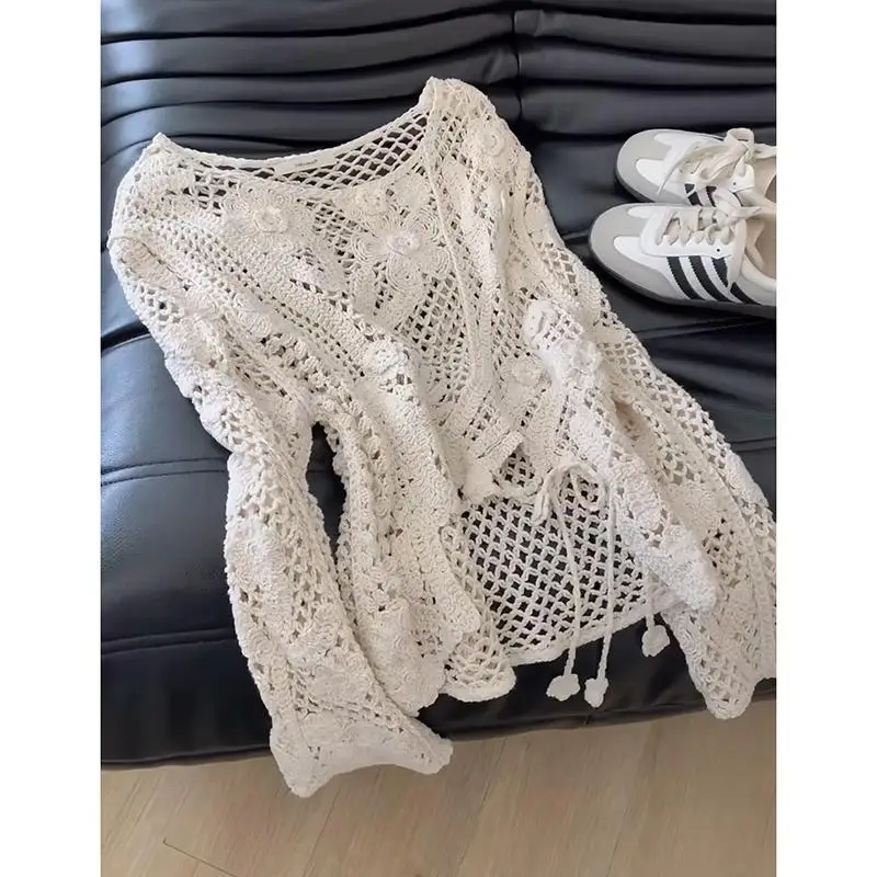 

Женская летняя тонкая вязаная блузка с цветочным принтом и вырезом от солнца, топ с кондиционером, этническая блузка