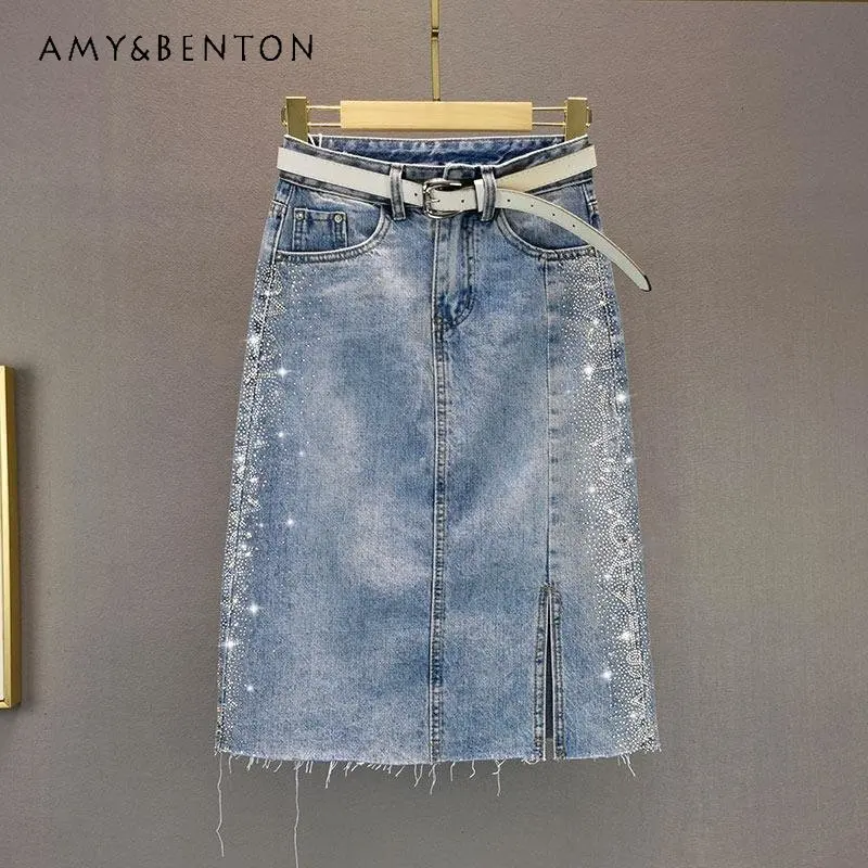 

European Goods Rhinestone Split Denim Skirt 2023 New High Waist Straight Jeans Skirts Mid-Length Sheath A- Line Skirt