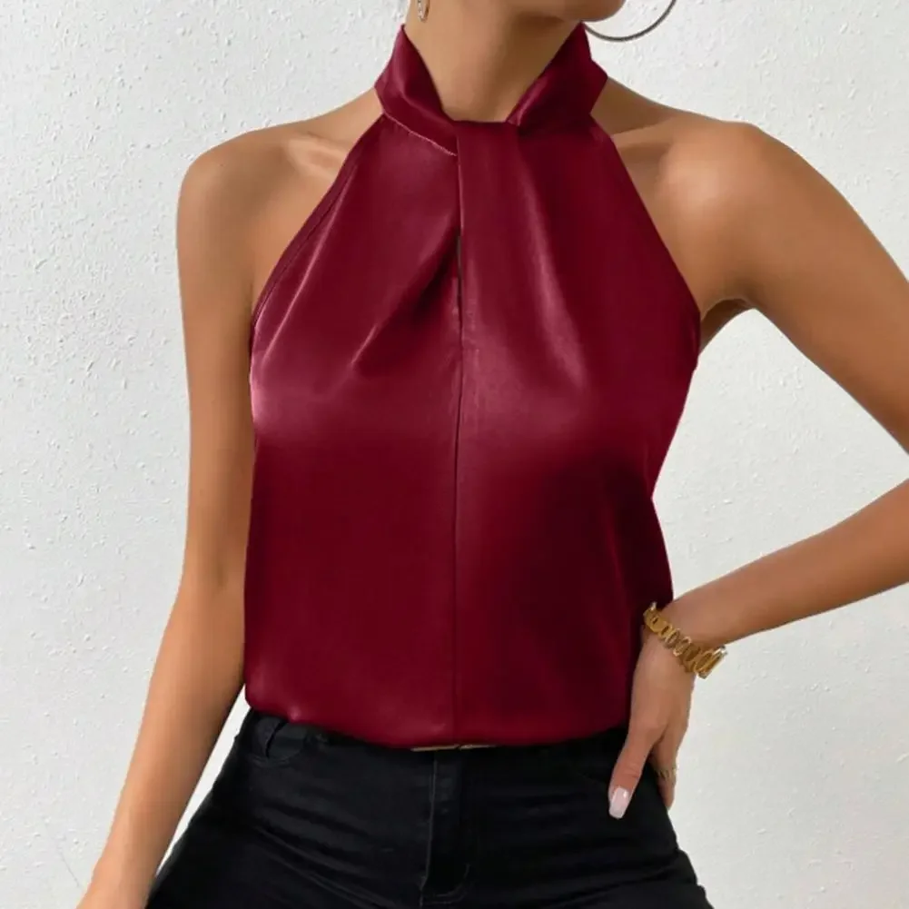 2024 Women's Tanks Top Camis Hanging Neck Strap Design Satin Gloss Loose Sleeveless Blouses Blusas Mujer  Black Sexy Shirt