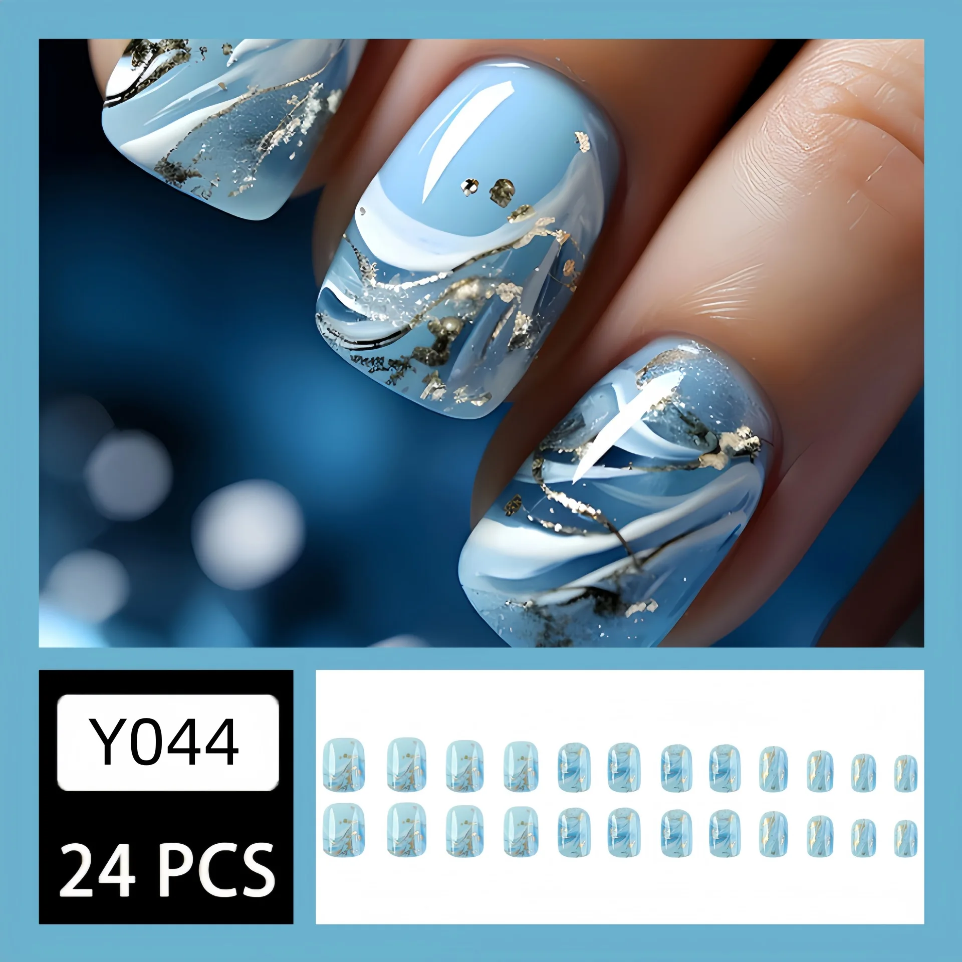 24pcs/box blue white wave Fake Nails Short Square Head Nail French Nail Tips Press on Nails Waterproof Faux Fingernails