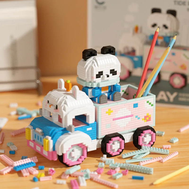 Kawaii Panda Car Figure Building Blocks Assembled Cartoon Rabbit Pen Holder Mini Micro Bricks Model Toys For Kids Christmas Gift