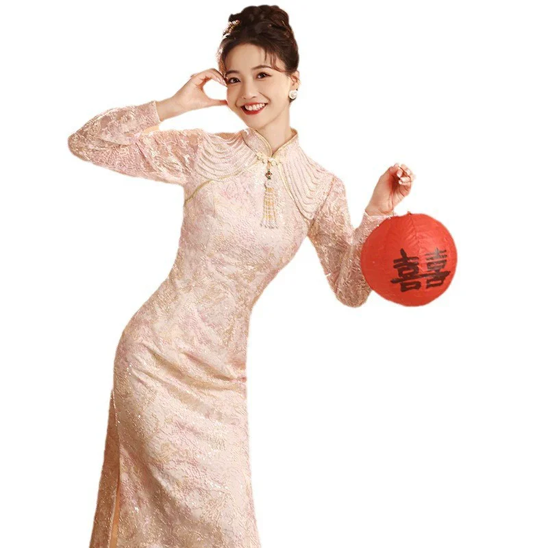 حفل زفاف العروس شيونغسام موضة شرابة كم طويل تشيباو فستان تشيباو الصيني التقليدي أنيق رائع ثوب الخطوبة #5