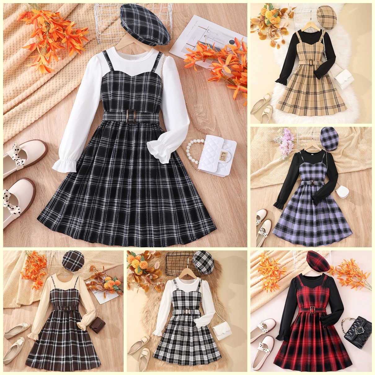 2024 Spring Winter Dress For Kids Girl Long Sleeved Plaid Belt Hat Big Girls Clothes Fashion Children Dresses 8 9 10 11 12 Years