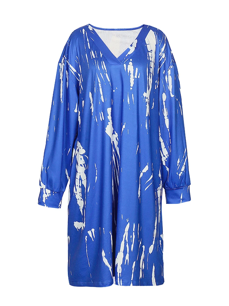 Plus Size Women's Tie Dye 3D Printed Pockets Long Sleeve Dress Knee Bohemian V Neck Vintage Women's Midi Party Dresses