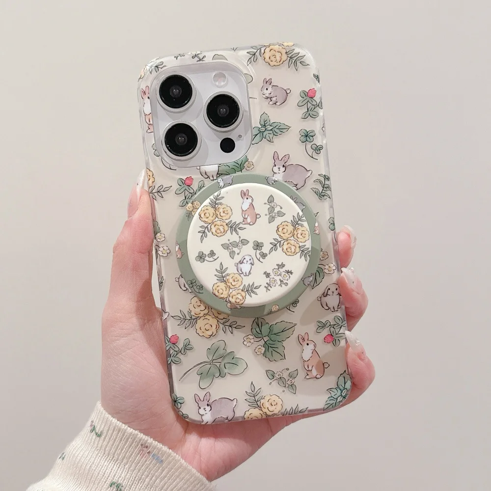 Чехол для телефона MagSafe с беспроводной зарядкой и рисунком кролика, магнитный кронштейн с деревенским цветком, подходит для iPhone 17, Samsung