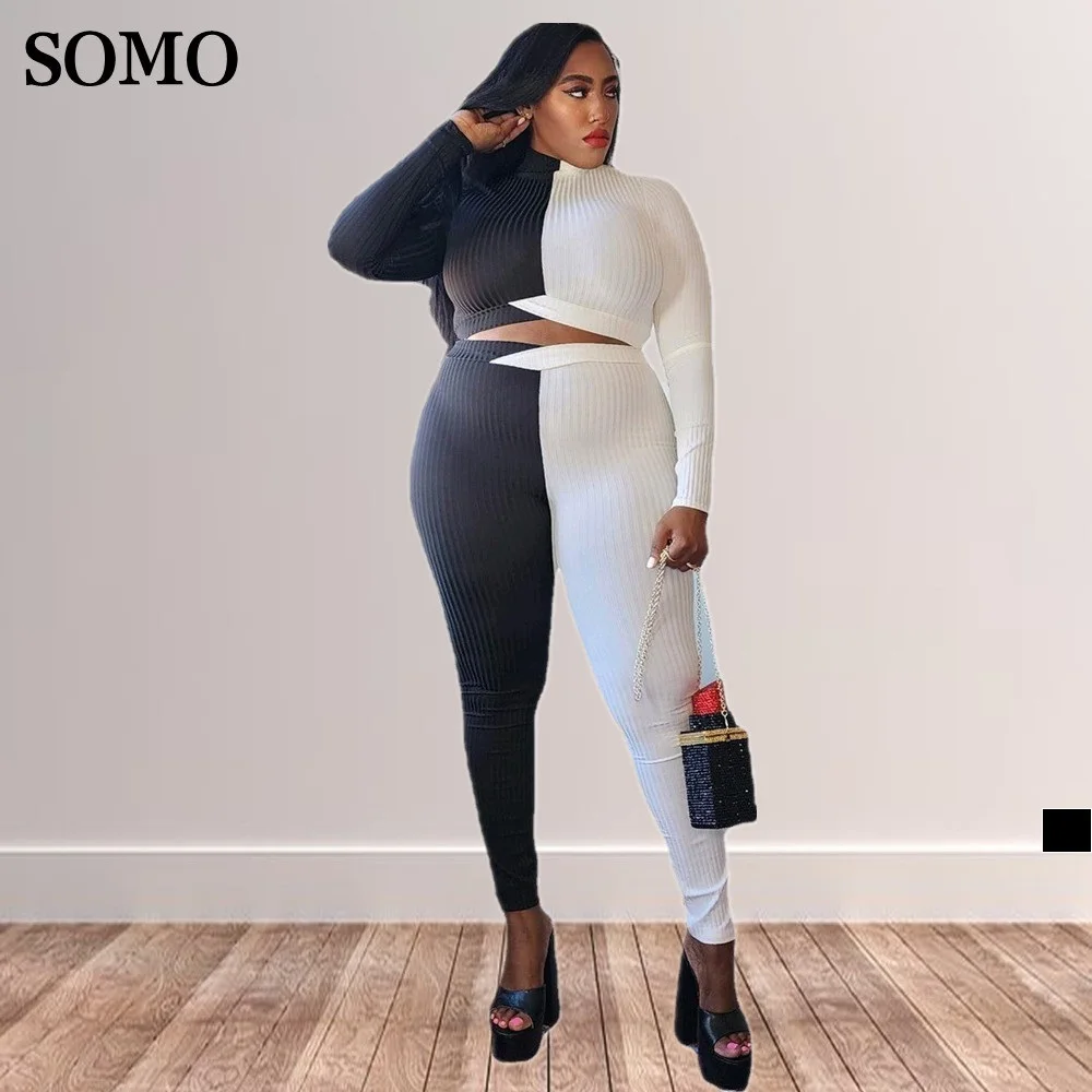 

SOMO 5xl Plus Size for Women Casual Contrast Color Ribbed Outfits Crop Top Two Piece Pants Set Fashion Wholesale Dropshipping