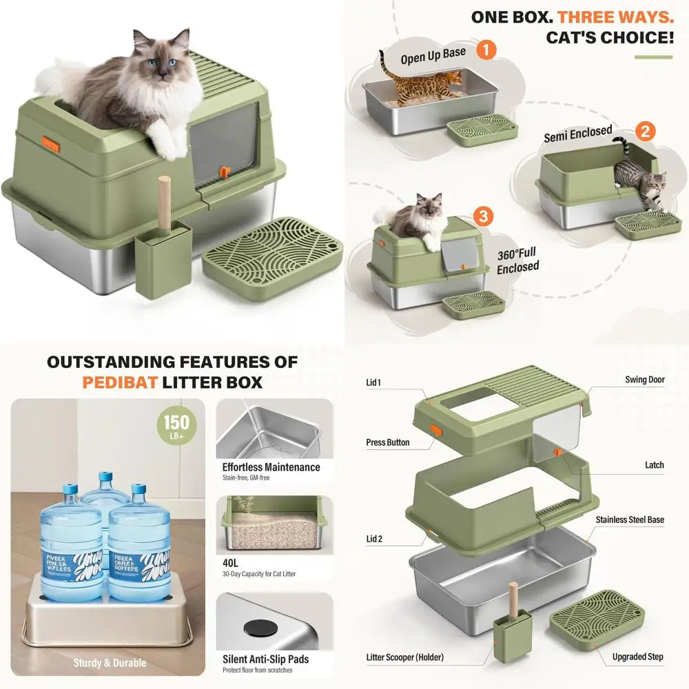 

Extra Large Green Metal Cat Litter Box with High Sides and Scoop, Anti-Leakage Design