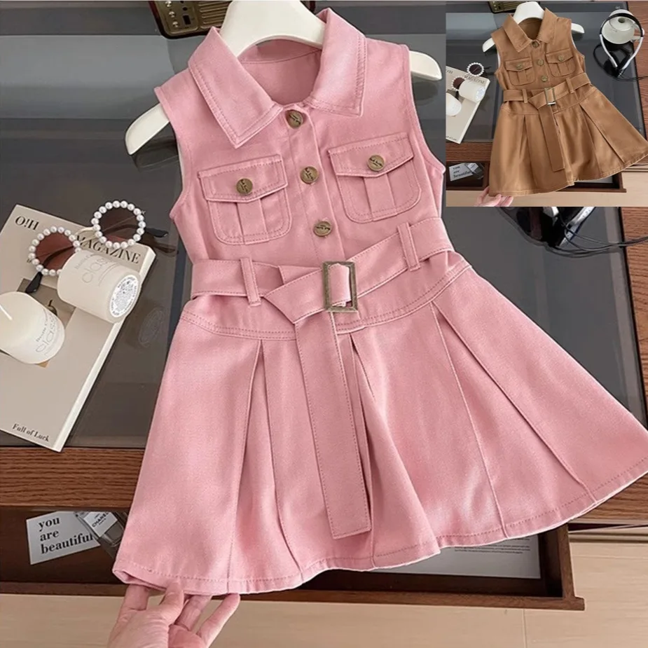 

Summer Baby and Girls Cotton Plain Single-Breasted Sleeveless Pleated Dresses with Sashes Kids Outfit Children Sweet Skirt 2-9Yr