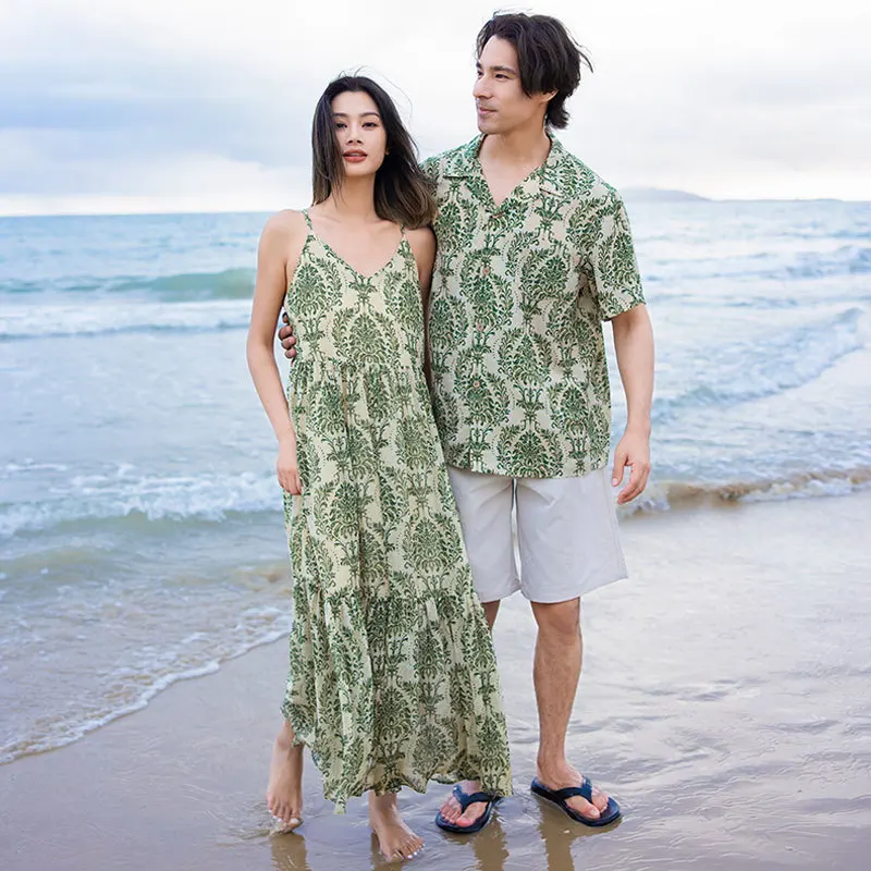 Summer Family Matching Outfits Beach Dress Mother-daughter Sling Flower Dress Dad and Son Matching Shirt Vacation Style