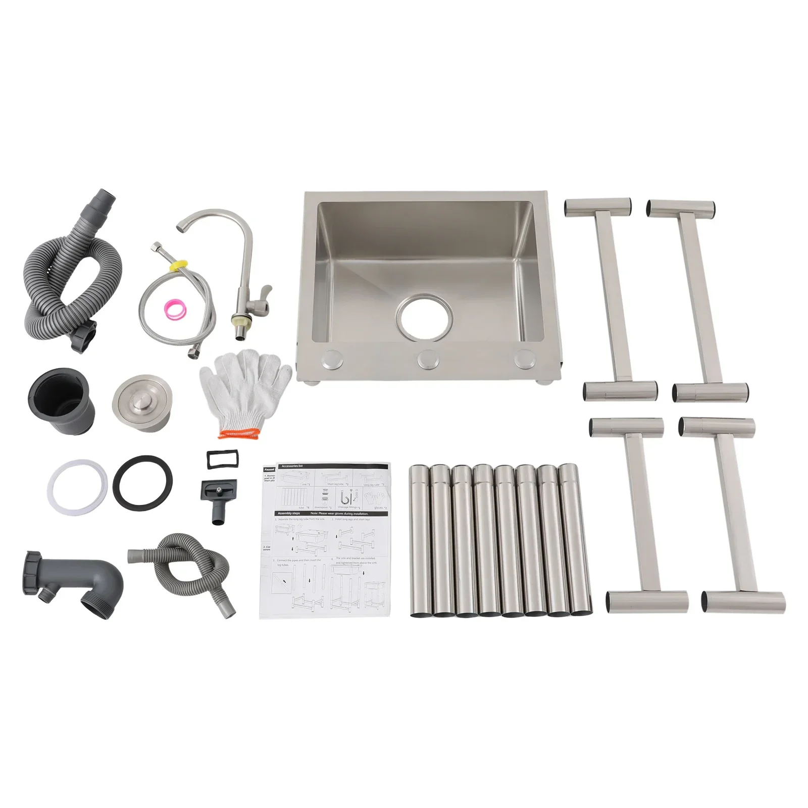 

Stainless Steel Single Basin Kitchen Sink Free Standing Single Bowl w/Water Pipe for Laundry Room Bathroom Farmhouse