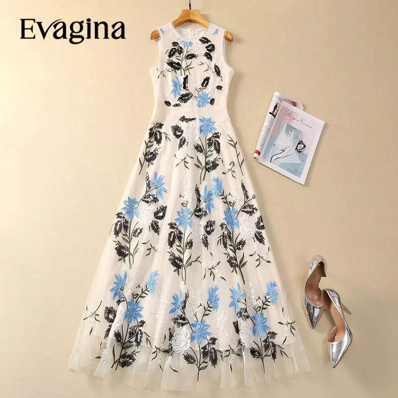 

Evagina New Fashion Runway Designer Women's Round Neck Sleeveless Black Sequin Embroidery Tank Casual Dress