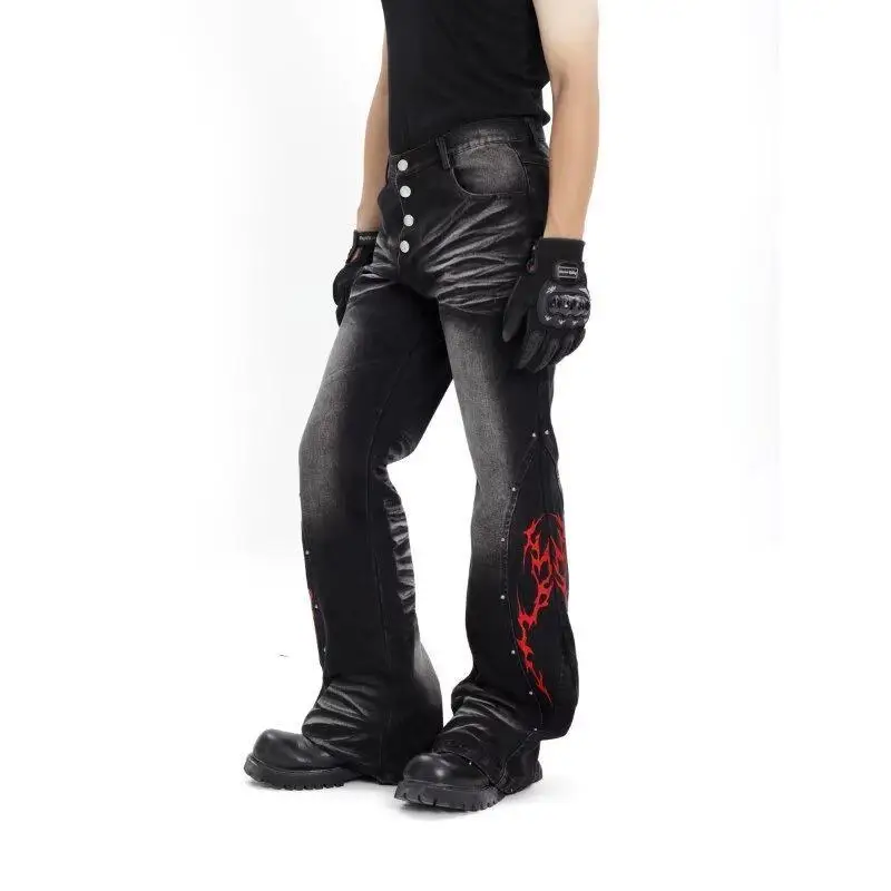 Men's Punk Style Black Jeans Casual Pants 90s Wide Legs Sweatpants Y2k Street Boys Bottom Male High Waist Unisex Trousers