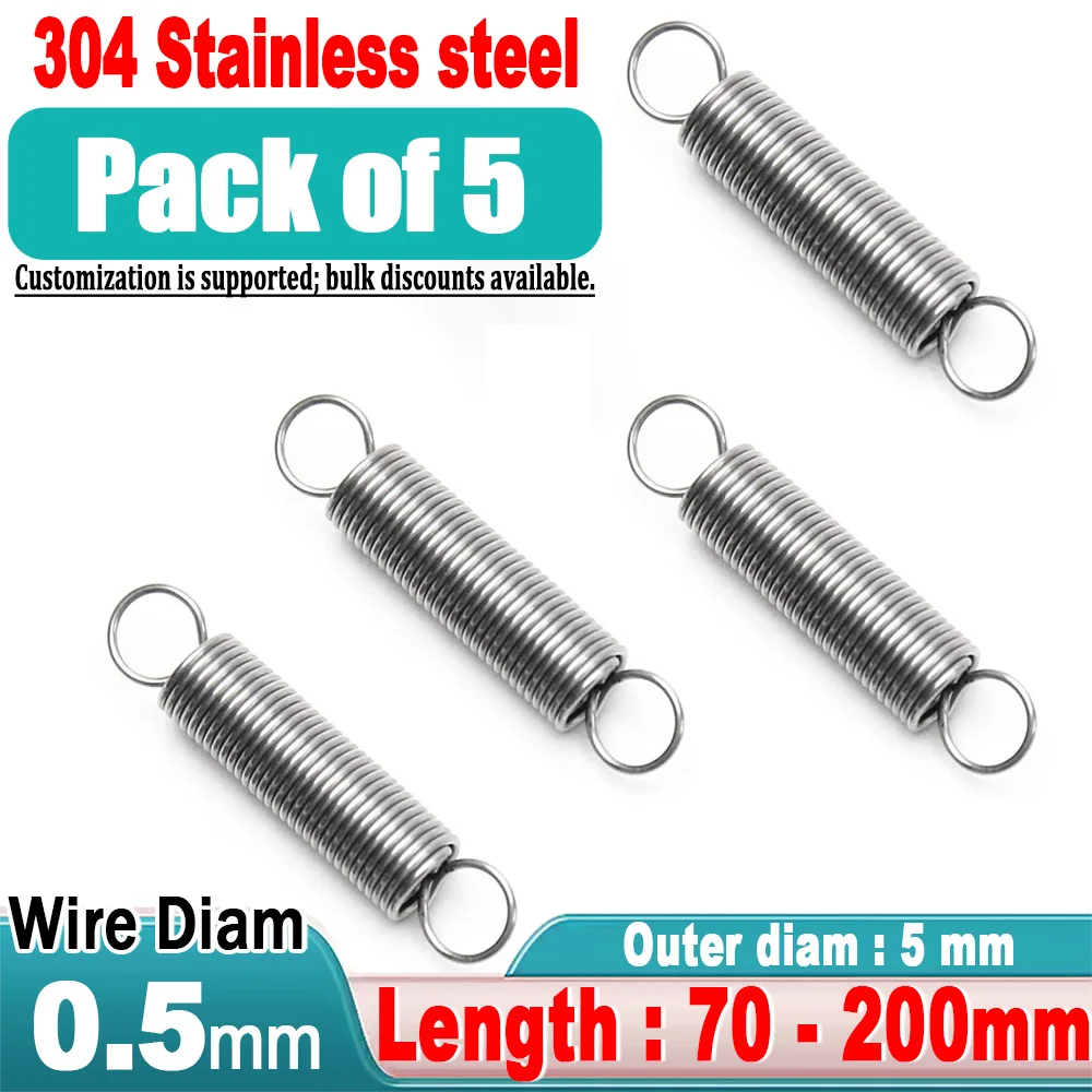 5pcs Wire Diameter 0.5mm Out Dia 5mm Stainless Steel Tension Extension Spring Expansion Springs Length 70-200mm