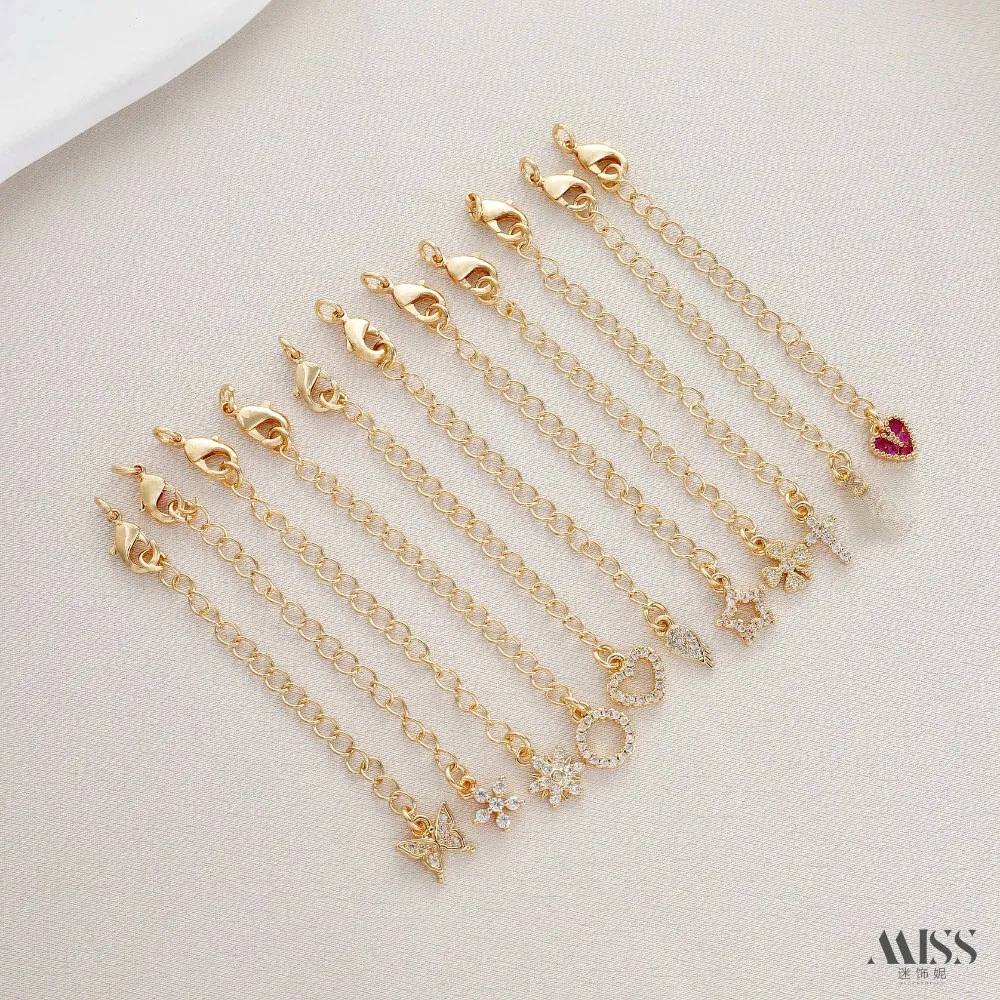 14K Bag Gold Inlaid Zircon Peach Heart Pendant Extension Chain Tail Chain DIY Bracelet Necklace Extension Accessories