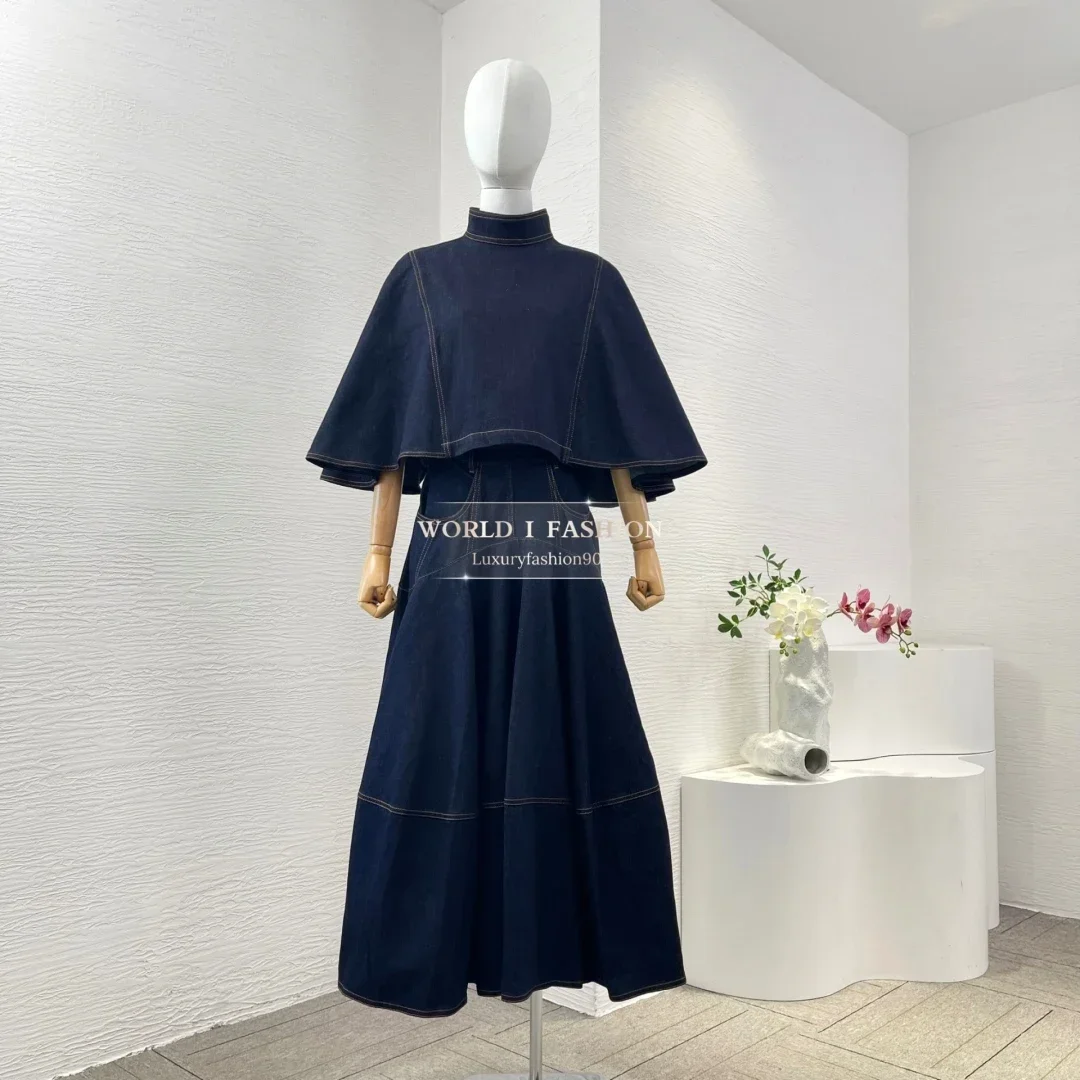 Set top in camicetta di jeans con colletto alla coreana e maniche a 3/4 blu navy