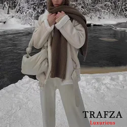 TRAFZA Casual Rabbit Fur Leather Jackets Women Long Sleeve Zipper Sashes Long Coats Fashion 2024 Autumn Winter Thick Luxury Coat