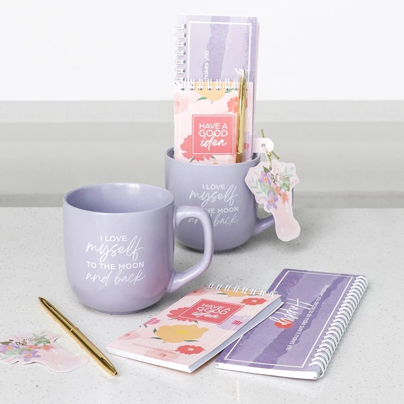 

BespritGift 12oz Purple Coffee Mug with Notepad & Pen Set Novelty Ceramic Gift for Memorial Day Novelty Office Desk Accessories