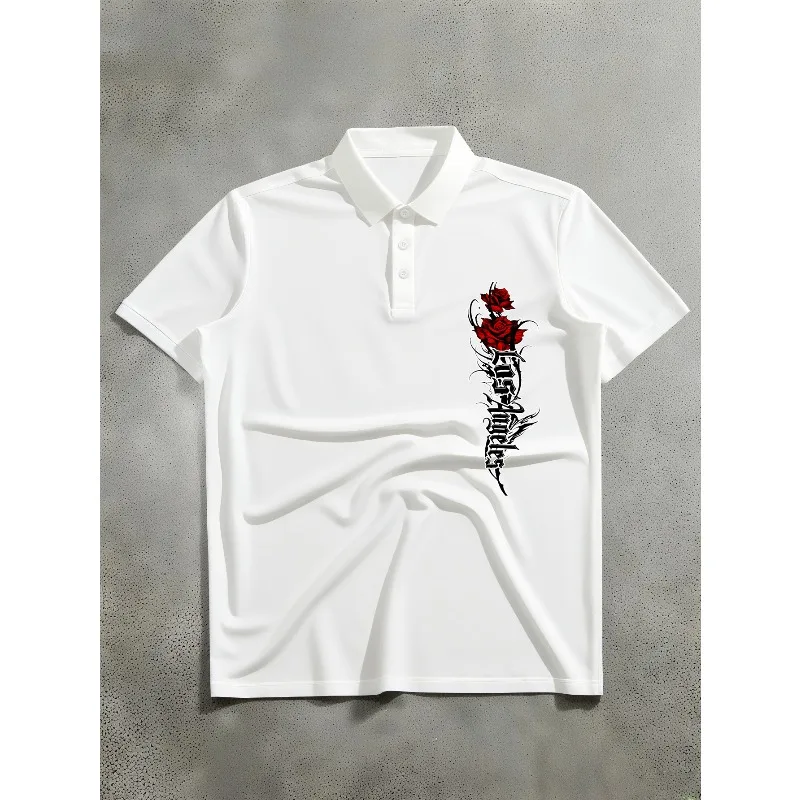 [Polo Shirt for Men] Retro Punk Style 'Los Angeles' Rose Gothic Print Short-Sleeve Polo Shirt for Men