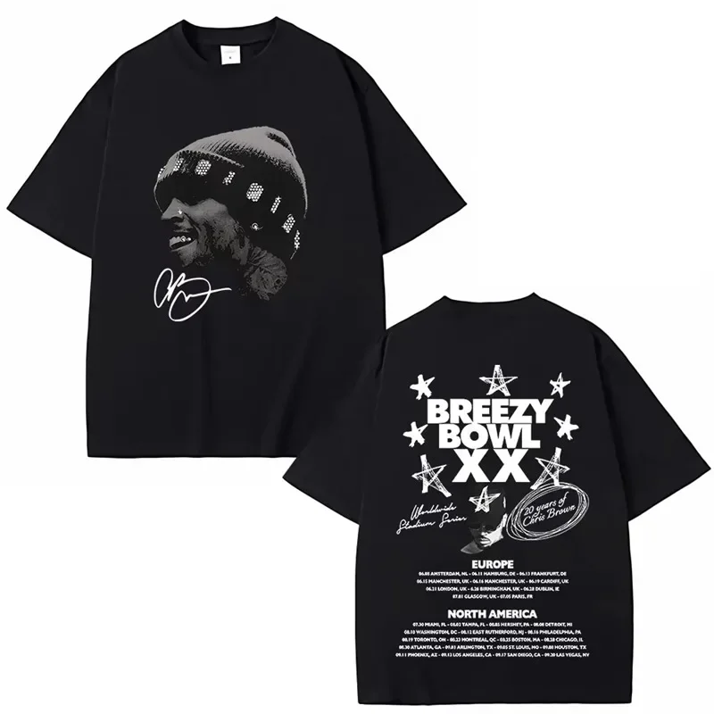 كريس براون بريزي باول XX 2025 جولة موضة الهيب هوب تي شيرت القطن طاقم الرقبة قصيرة الأكمام الديكور الخارجي المرأة