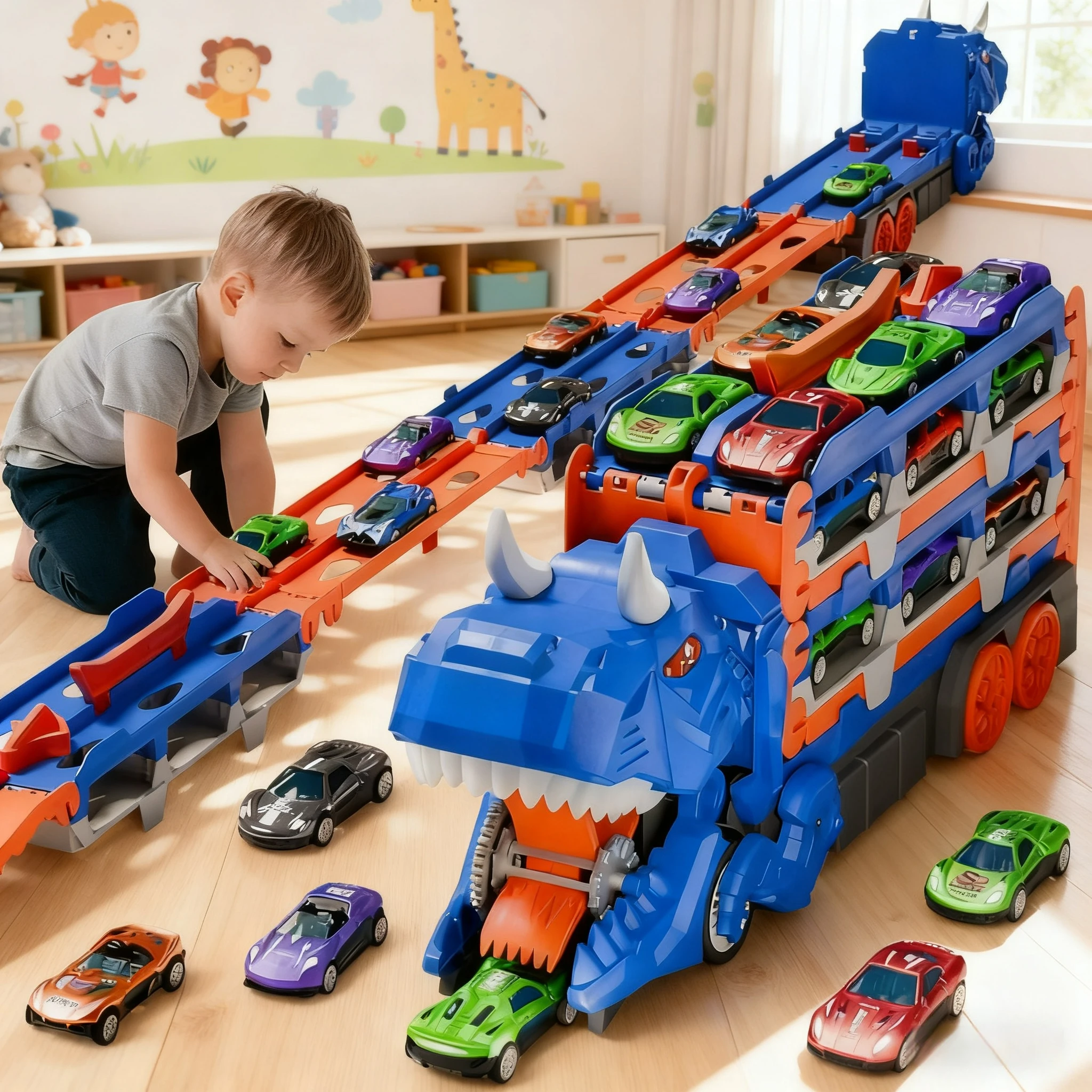 

Большой игрушечный грузовик-транспортер для динозавров с 12 металлическими машинками, складной горкой, функцией хранения и выброса, идеальный подарок для мальчиков