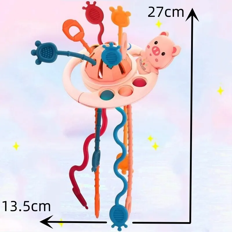 5 IN 1 Pink Pig Silicone Pull String Baby Develop Teething Montessori Sensory Educational Toy Travel Toys For Stroller