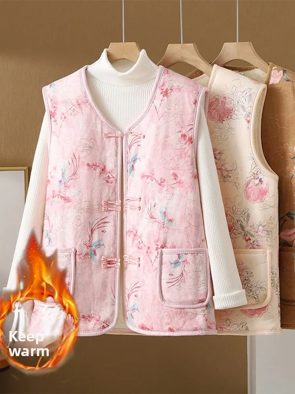 Damska kamizelka ocieplana, z podszewką, zapinana na guziki, w stylu vintage, z artystycznym wzorem kwiatowym, dekolt w serek, regularna długość.