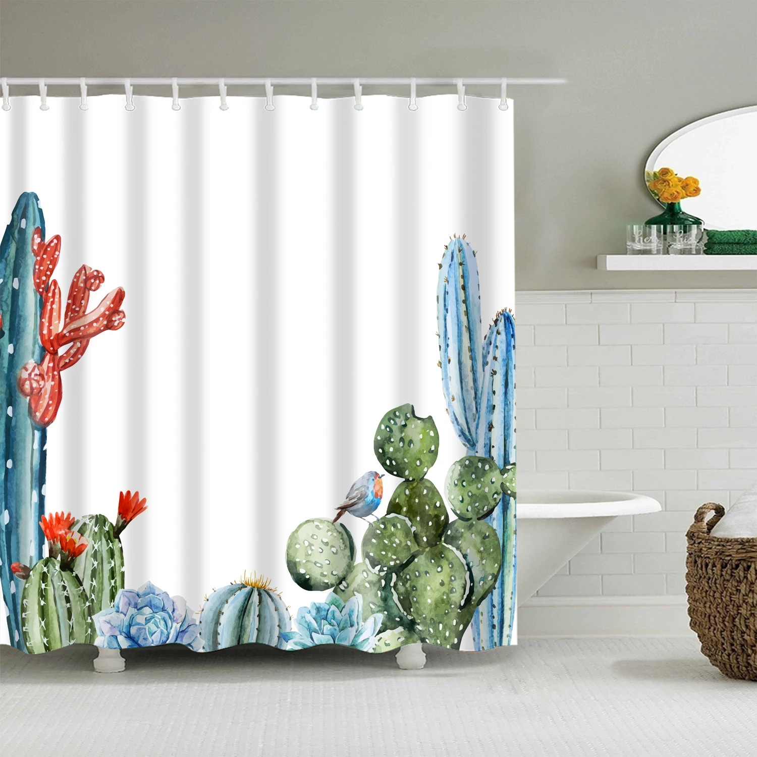 Plant Stripes Shower Curtain Bathroom Waterproof Polyester Shower Curtains for Bathroom Flower Print Bath Curtain with Hooks