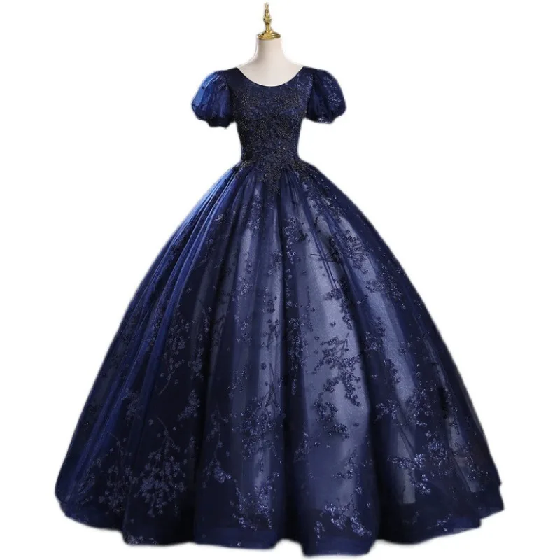 Navy Blue Bubble Sleeve Quinceanera Dresses Student Art Exam Vocal Performance Evening Dress Annual Meeting Host Evening Dress