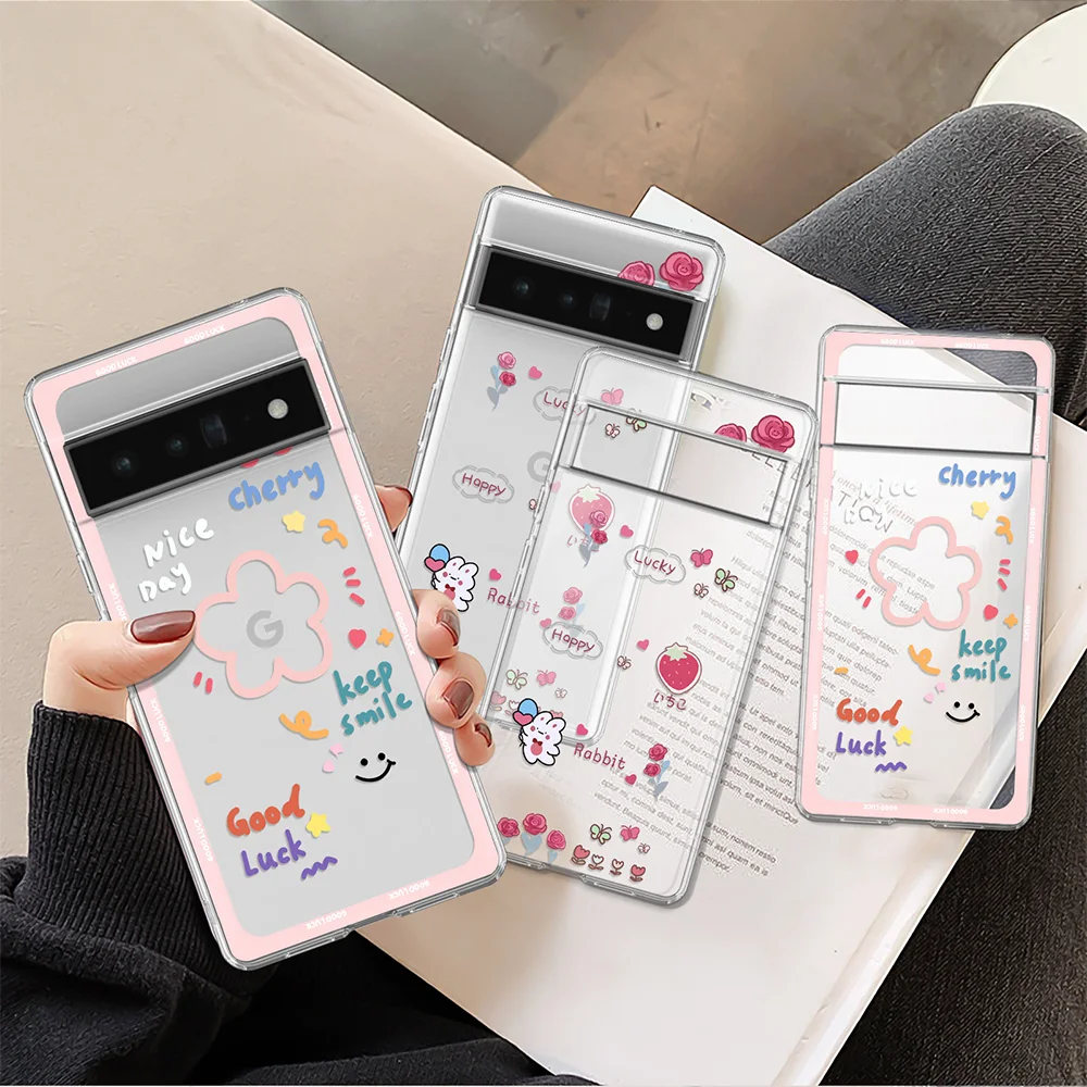 Cartoon Cute Phone Case for Google Pixel 8 Pro 7Pro 7 6a 6 6Pro 5 5a 5G 4 3 3a XL 4a Clear Soft TPU Flower Protection Back Cover