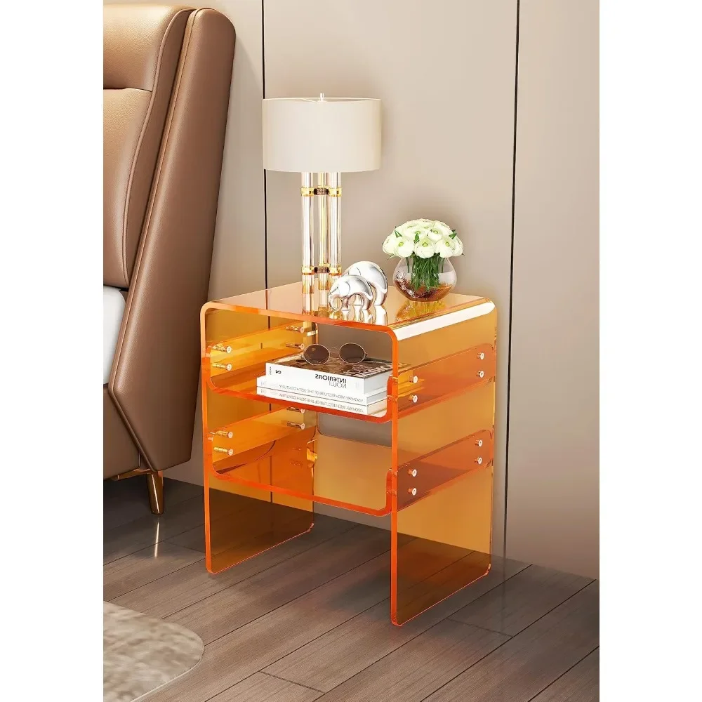 Sleek Acrylic End Table/Nightstand/Bedside Multi-Tiered 3-Level Storage, Space-Efficient 15.7