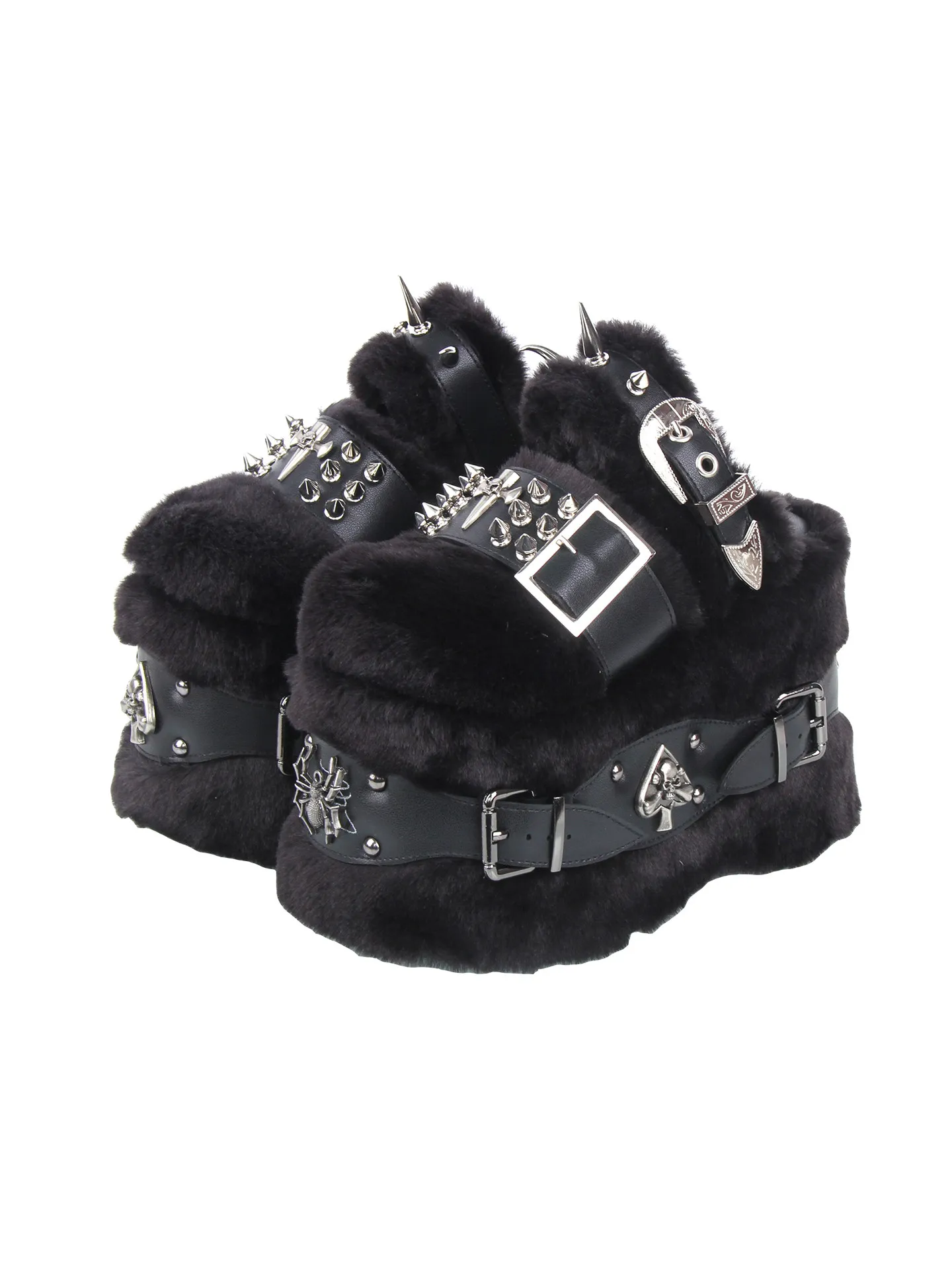 Punk Gothic Women Platform Mules Closed Toe Fur Rivet Spike Multi Buckle Strap Chunky Sole Winter Warm Slip On Gothic Shoes