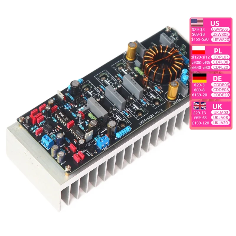 

UAD1000W Single Channel High Power Digital Amplifier Board High Temperature Class D HiFi High Fidelity with Heat Sink