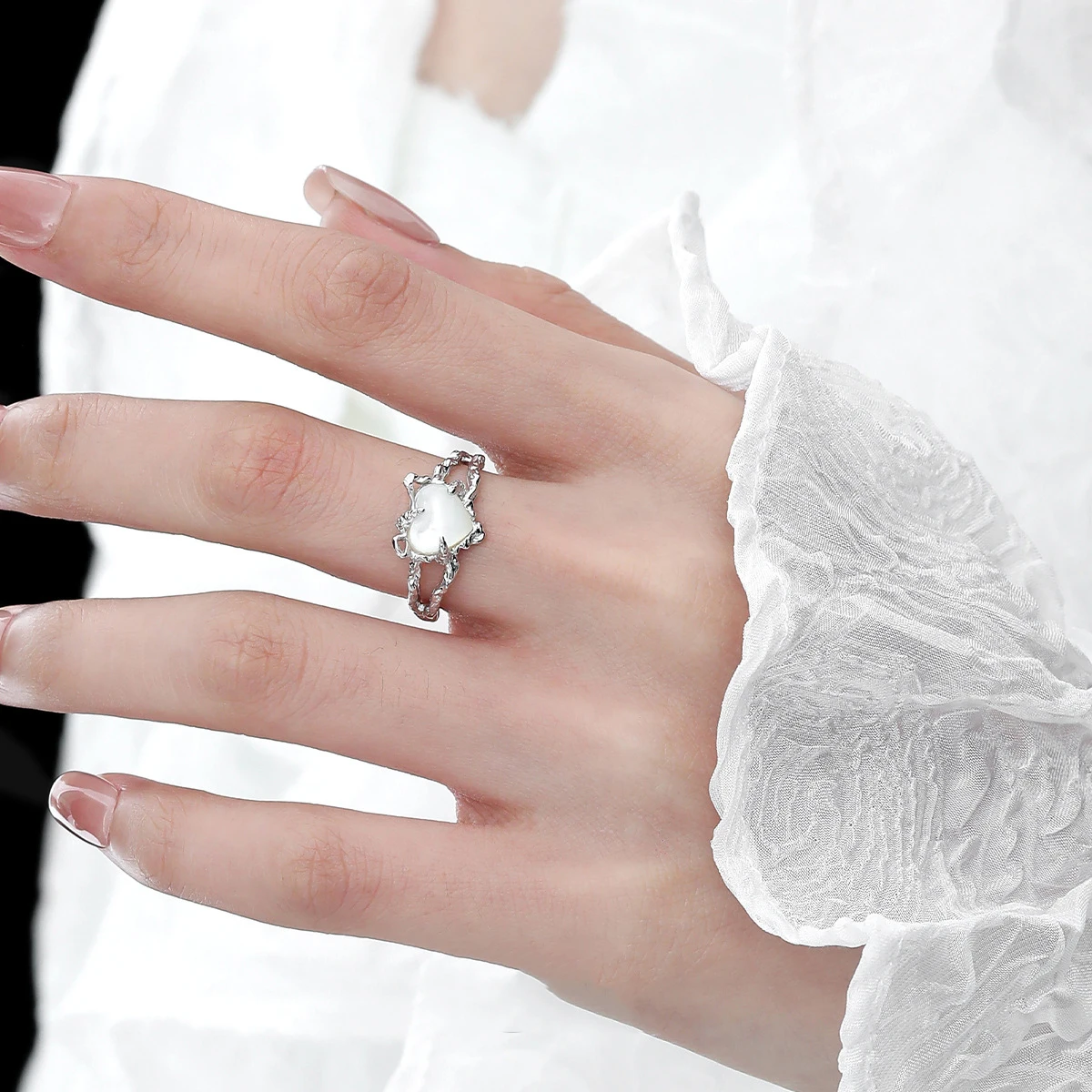 F.I.N.S الملمس على شكل قلب S925 فضة خاتم الحد الأدنى نمط غير النظامية الحب القلب مفتوحة قابل للتعديل فنجر غرامة مجوهرات #4